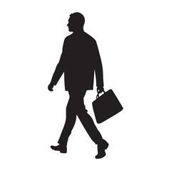 Silhouette image of a businessman walking to the office, A silhouette of a businessman, confidently walking towards an office building, a briefcase in his hand, vector silhouette image .