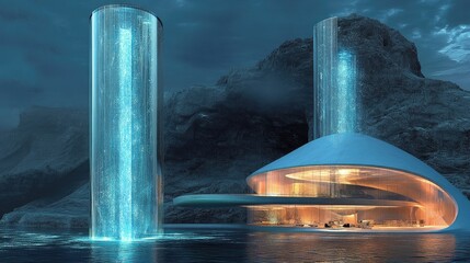 Futuristic, elegant residence with cascading water features.