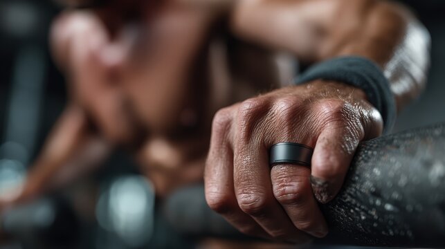 A person using a smart ring to track fitness data during a workout session in a gym