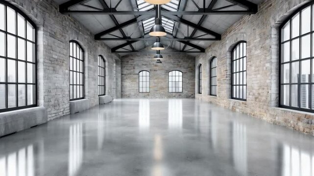 Vast empty warehouse interior featuring exposed brick walls, arch windows, and sleek polished concrete flooring bathed in soft, natural light.