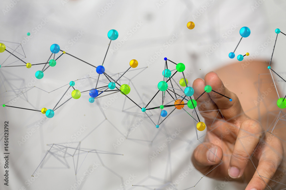 Poster Global network. Blockchain. 3D illustration. Neural networks and artificial intelligence. Abstract
