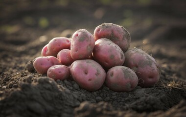 A group of freshly harvested red potatoes on the dirt ground