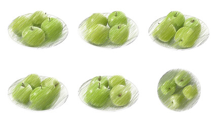 Apples Granny Smith on a plate sketch isolated transparent background 3d rendering
