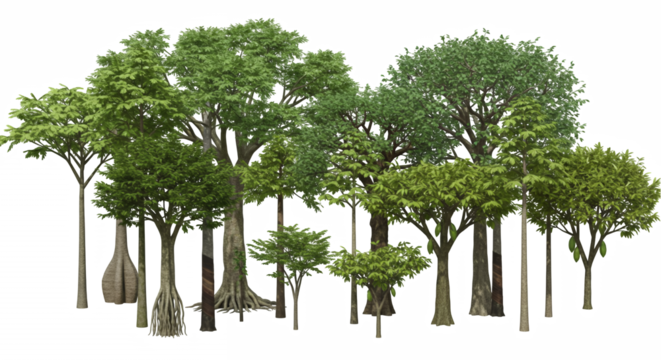 Lush Green Forest Canopy with Tree Trunks Against Transparent Background
