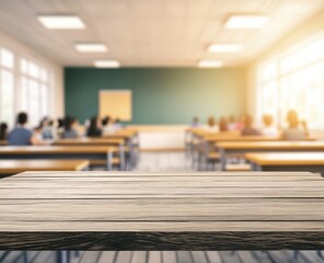 Obraz premium Empty classroom, blurred students, light, wooden table