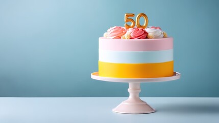 Vibrant 50th birthday cake with colorful layers and candles on stand
