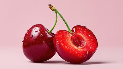 Fresh juicy cherries with water droplets against pastel pink background