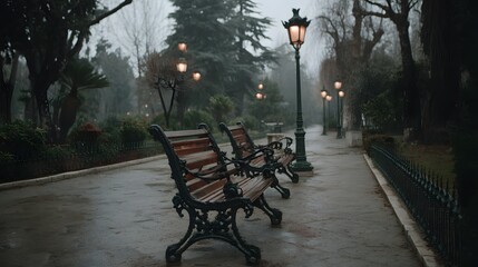 Foggy Park Scene with Distant Lights Evoking Soft Melancholy Mood