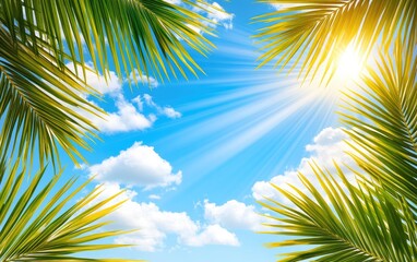 Tropical sky framed by vibrant palm fronds, sunbeams piercing through clouds