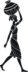 Black Silhouette of African Woman Carrying Pot on Head – Tribal Culture Vector Illustration