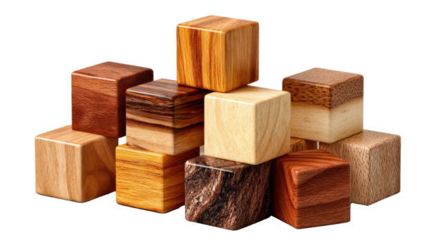 Wooden Blocks: A carefully arranged collection of wooden blocks with varied textures, showcasing the natural beauty and tactile appeal of the wood, emphasizing the creative possibilities.
