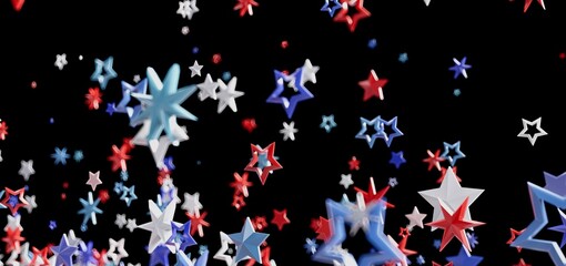 Red, white, and blue stars falling on a black background. Perfect for Independence Day celebrations.