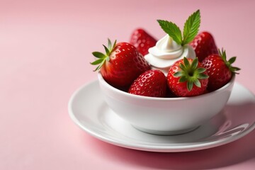 Bowl of ripe strawberries & dollop of whipped cream on plates , fresh, still life