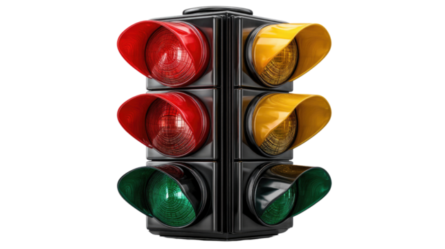 Traffic Light Signal: A close-up shot of a traffic light displays red, yellow, and green signals, showcasing a vital tool for regulating road transport and ensuring smooth flow.