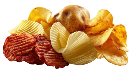 Potato Chips Variety: A delectable mix of crispy potato chips in various shapes, textures, and flavors, including ruffled, wavy, and ridged styles, alongside a whole potato.