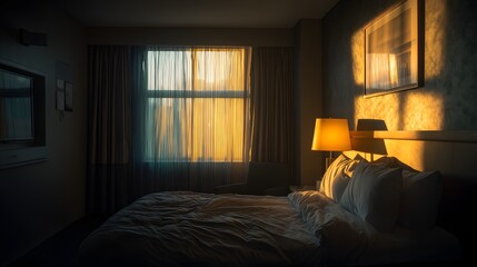 Warm Dusk Light Filling a Hotel Room with Golden Glow