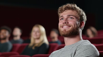 Fototapeta premium Diverse Theater Audience with Smiling Faces Anticipating Show Start | Positive Emotions at Live Performance | Happy Spectators Waiting in Comfortable Chairs