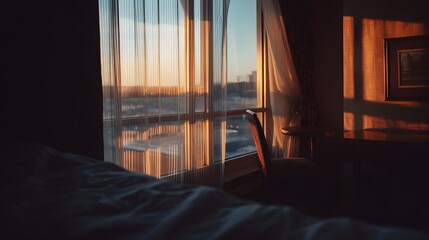 Warm Dusk Light Through Hotel Room Window with Golden Gloom