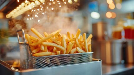 Golden Crispy French Fries Sizzling in Deep Fryer - Perfect Fast Food Concept