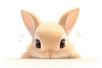 Obraz premium Adorable bunny with big eyes peeks over a white surface, hearts floating nearby