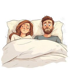 Cartoon couple with contrasting moods lying in bed illustration style
