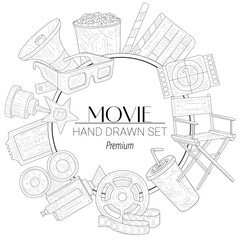 Hand-drawn vector set of cinema-related elements including 3D glasses, director&rsquo;s chair, film roll, clapperboard, camera, popcorn, Oscar award, and movie ticket. Perfect for film festival branding and