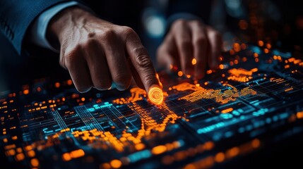 Hands interact with a futuristic glowing interface displaying data and circuit patterns.