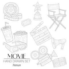 Hand-drawn vector set of cinema-related elements including 3D glasses, director’s chair, film roll, clapperboard, camera, popcorn, Oscar award, and movie ticket. Perfect for film festival branding and