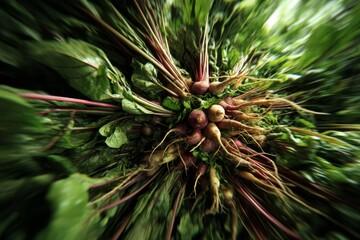 Fototapeta premium Freshly harvested beets, vibrant greens, and earthy roots create a delicious, natural food image.