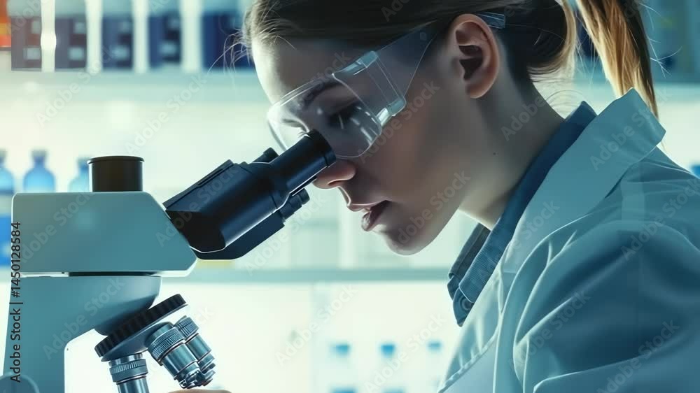 Aufkleber A scientist wearing a lab coat and safety goggles intensely examines a sample under a microscope in a modern laboratory. The focus is on her work and the tools of scientific discovery.