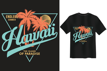 Evoke island vibes with this vibrant Hawaii design. Featuring palm trees, a radiant sun, and stylish typography, this retro-inspired vector illustration is perfect for t-shirt design, apparel, beach t