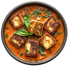 Tomato soup recipe with grilled cheese croutons homemade easy and healthy comfort food for winter season on transparent background