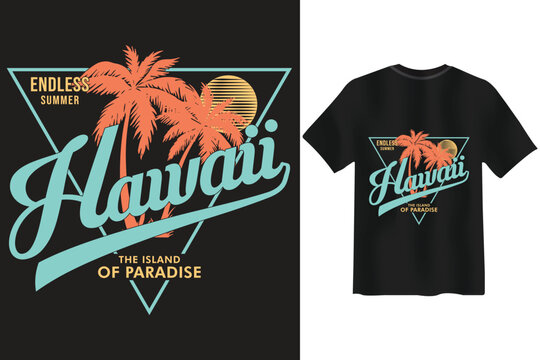 Evoke island vibes with this vibrant Hawaii design. Featuring palm trees, a radiant sun, and stylish typography, this retro-inspired vector illustration is perfect for t-shirt design, apparel, beach t