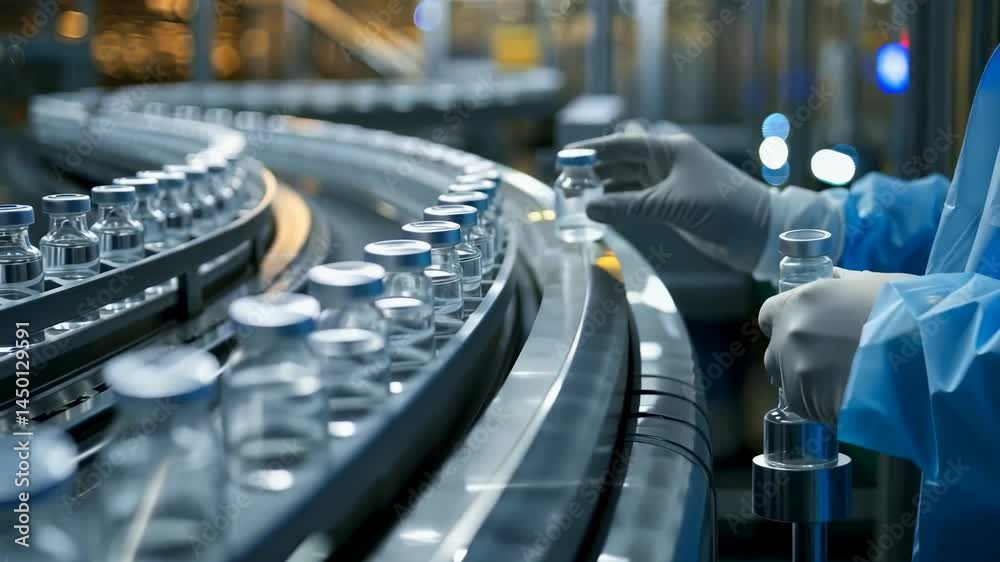 Poster an assembly line produces vials in a pharmaceutical setting. gloved hands carefully examine a vial, 