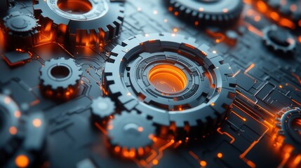 Gears and circuit board components with orange glow suggesting technology or engineering.