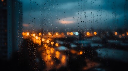 Blurred City Lights Through Rainy Window at Dusk