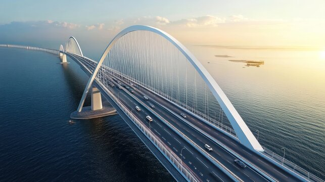 Elevated, modern bridge spanning a tranquil waterway.