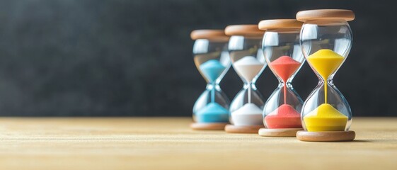 Colorful hourglasses arranged on a wooden surface against a dark background. Time management efficiency routine.