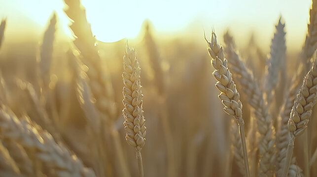 A stunning sunrise illuminates a wide wheat field, making the crops shimmer in golden light. - Powered by Adobe