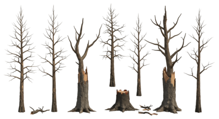 Pixel Art of Dead Trees Collection with Bare Branches on Transparent Background in Grayscale Forest Elements for Design