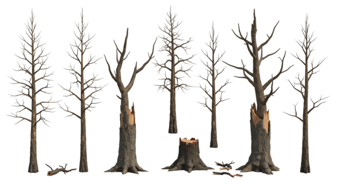 Pixel Art of Dead Trees Collection with Bare Branches on Transparent Background in Grayscale Forest Elements for Design