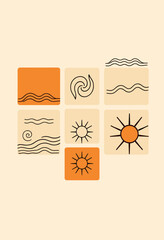 Abstract Sun and Wave Symbols: A captivating set of abstract icons with wave and sun motifs. The warm color palette and simple design convey a sense of tranquility and balance.