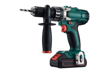 A green and black cordless drill with a drill bit on a black background on transparent background