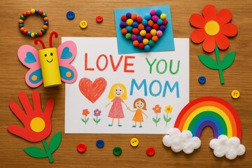 Naklejka premium Colorful Mother's Day drawing with words Love you mom, butterfly, flowers, rainbow,. Top-down view of a child's artwork