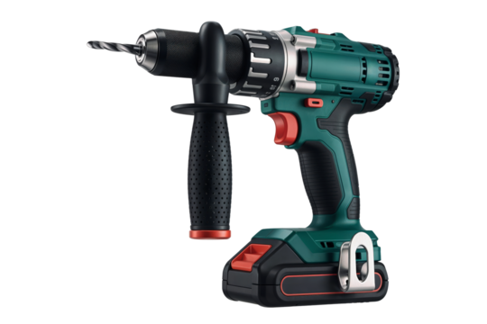 A green and black cordless drill with a drill bit on a black background on transparent background