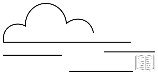 Minimalist cloud line sketch paired with open book symbolizes knowledge, learning, creativity, digital storage, cloud computing, education, information sharing. Ideal for education, tech creativity