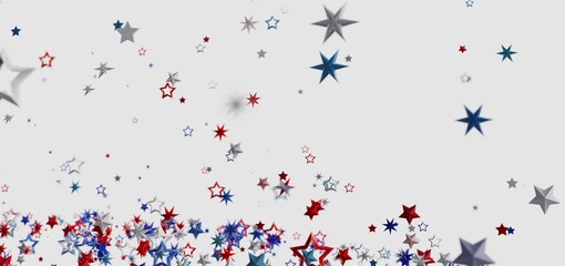 Red, white, and blue stars burst across a white background. Perfect for Independence Day celebrations.