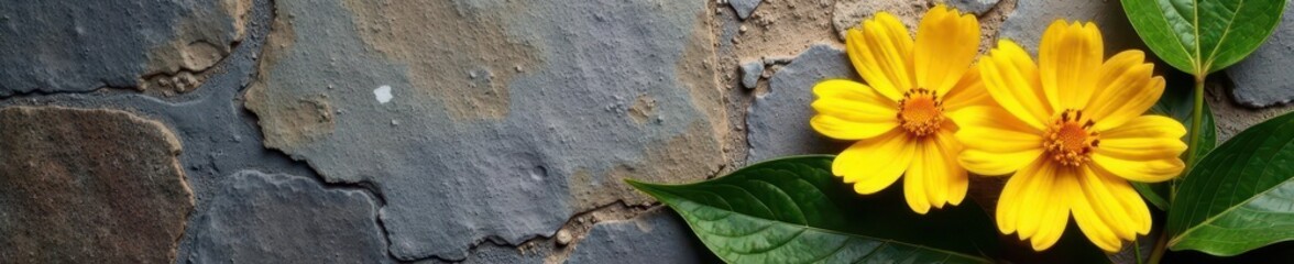 Fototapeta premium Vibrant yellow flower against weathered stone , detail, vibrant