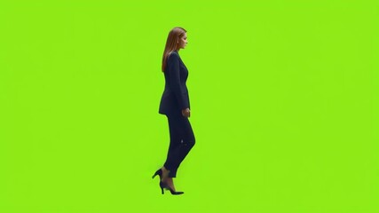 Professional businesswoman striding confidently across green screen chromakey backdrop, wearing tailored suit and stiletto heels, corporate success and leadership Full body of businesswoman walking