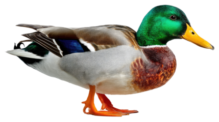 Mallard Duck Profile: A vibrant male Mallard duck, showcasing its iridescent green head, brown chest, and bright orange beak, stands majestically against a clean background.